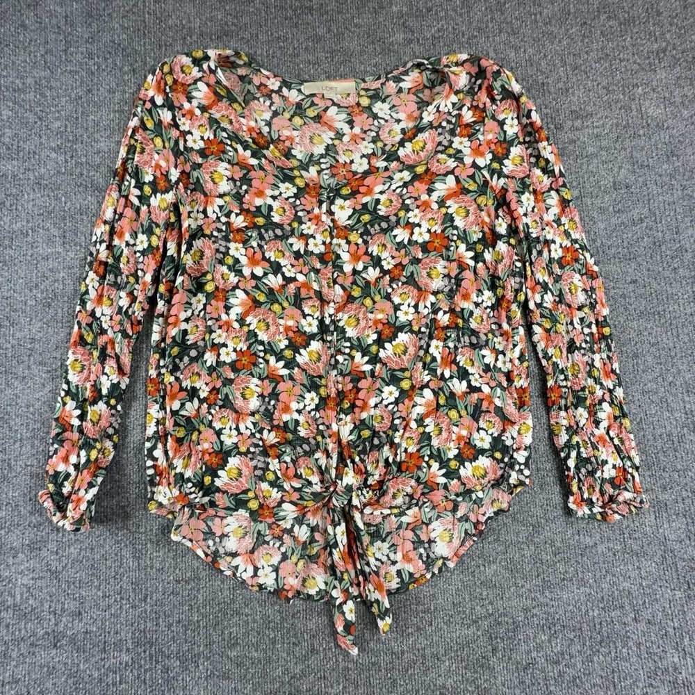 LOFT Blouse Womens Large Multicolor Floral Button Front Long Sleeve Tie Hem Top
